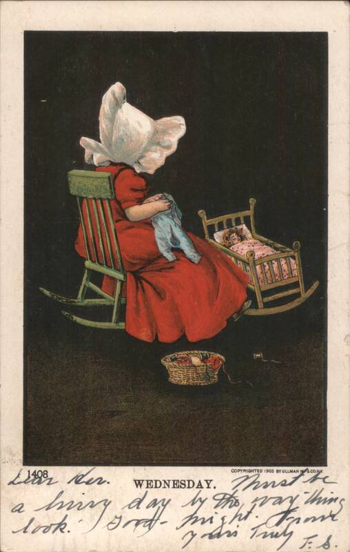 Woman in Bonnet Sewing by Cradle with Sleeping Baby