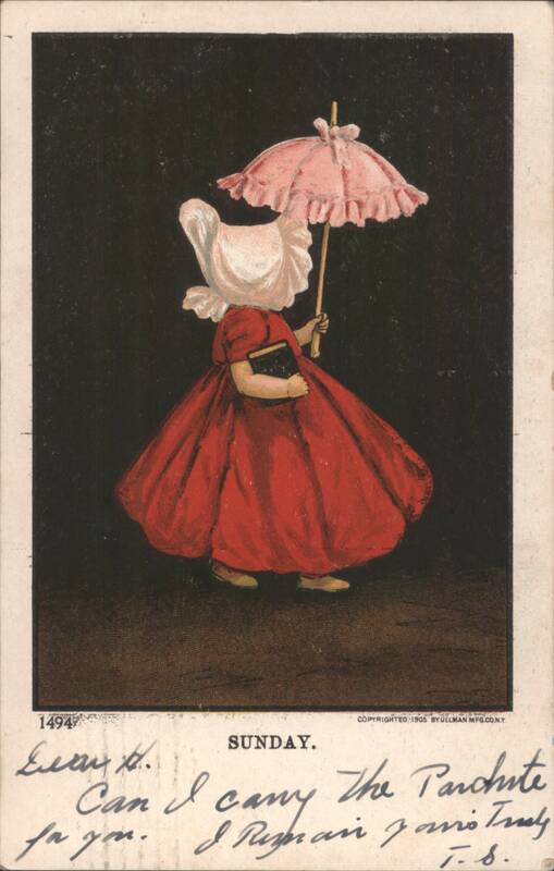 Sunbonnet Baby in Red Dress with Pink Umbrella on Sunday