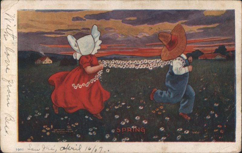 Sunbonnet Babies Running Through Daisy Field in Spring
