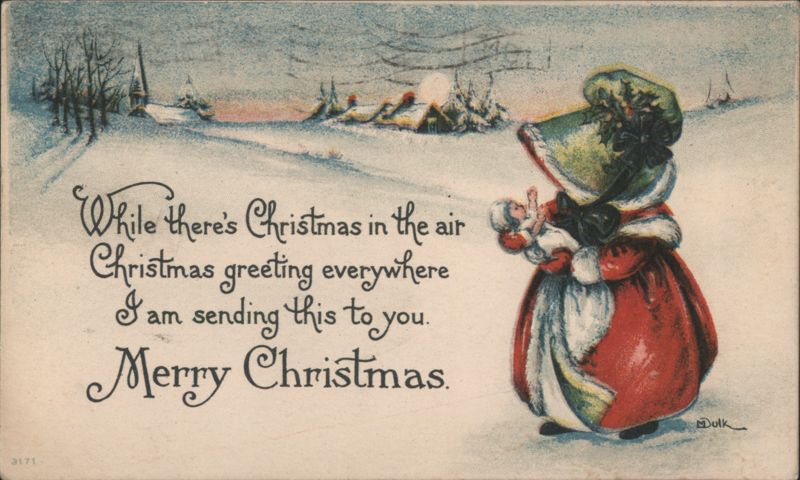 Child in Red Coat with Doll in Snowy Christmas Scene