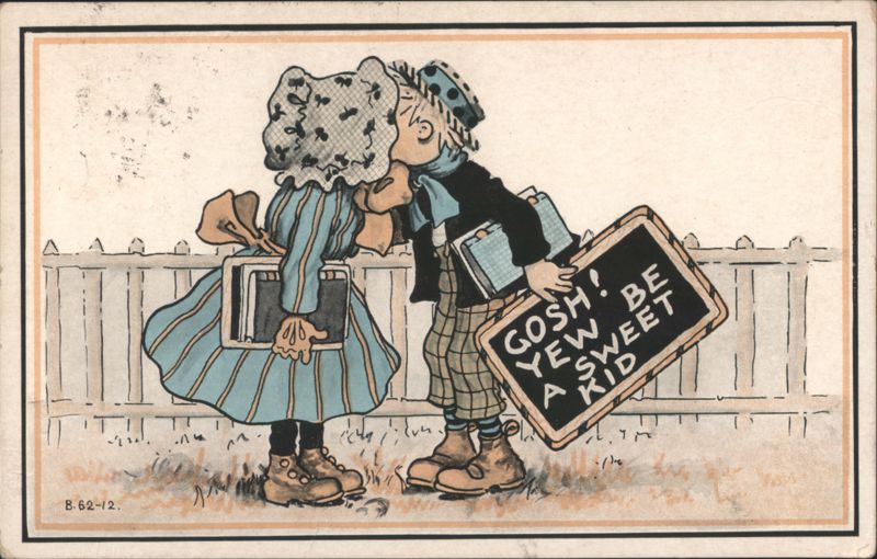 Boy and Girl Kissing with 'GOSH! YEW BE A SWEET KID' Blackboard