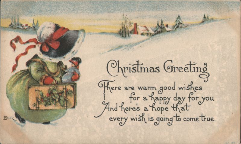 Christmas Greeting, Figure in Bonnet with Doll in Snowy Landscape