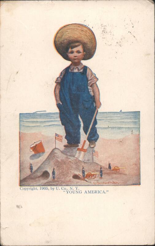 Young America Boy with Flags and Cannons on Beach C. Bernhard Pfohl