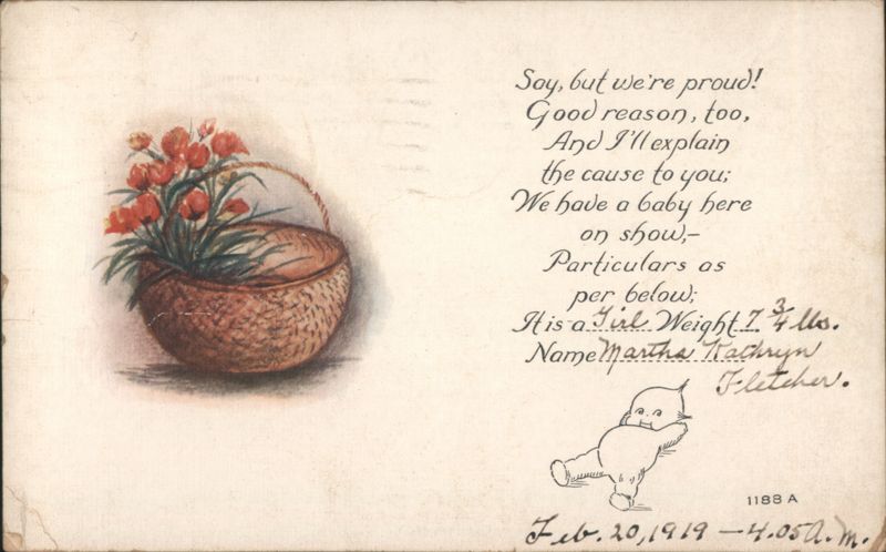 Martha Kathryn Fletcher Baby Announcement, Basket of Flowers