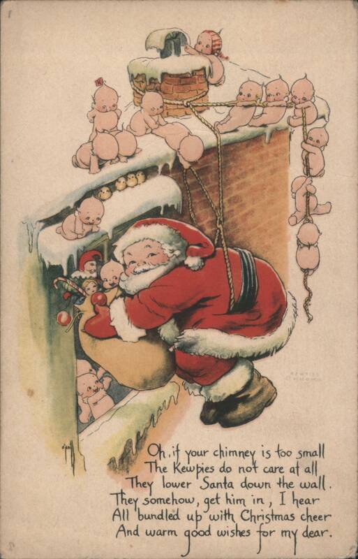 Santa Claus and Kewpies Lowering Him Down a Chimney