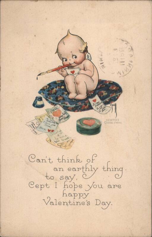 Kewpie Writing Valentine's Day Letters with Quill Pen