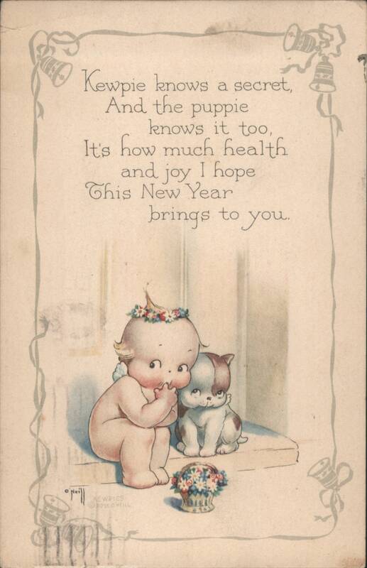 Kewpie Doll & Puppy New Year's Greeting with Health & Joy Message