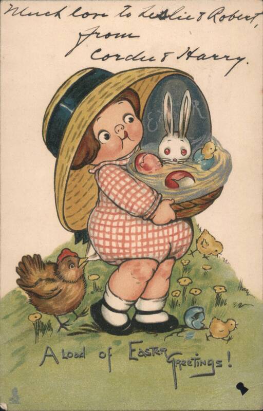 Chubby Child in Straw Hat with Easter Basket, Bunny, and Chicks