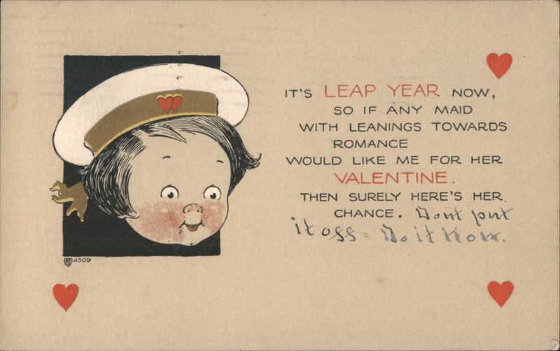 Leap Year Valentine with Cartoon Child in Sailor Hat and Hearts