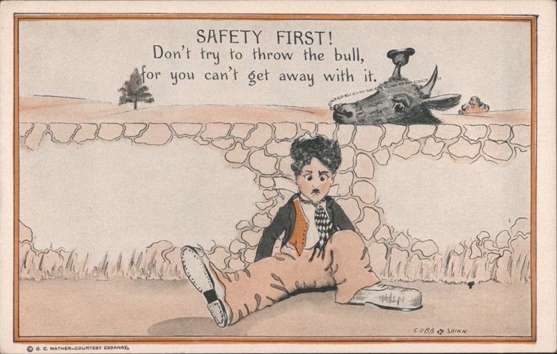 Safety First! Don't try to throw the bull, Charlie Chaplin-like character