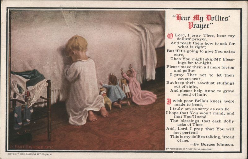 Child Kneeling by Bed Praying with Dolls, Hear My Dollies' Prayer Poem