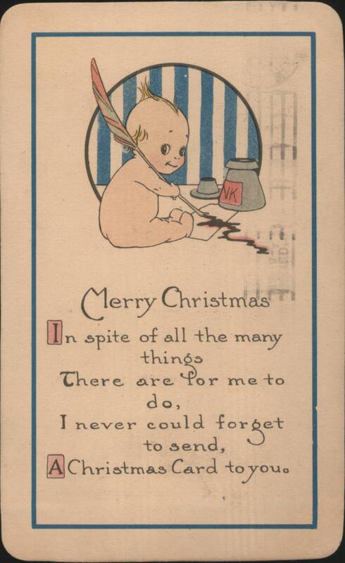 Kewpie Baby Writing Christmas Card with Quill Pen Children