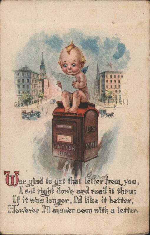 Cherub Reading Letter on US Mailbox with Cityscape Background