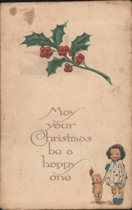 Christmas Greeting with Holly, Girl, and Baby with Candle