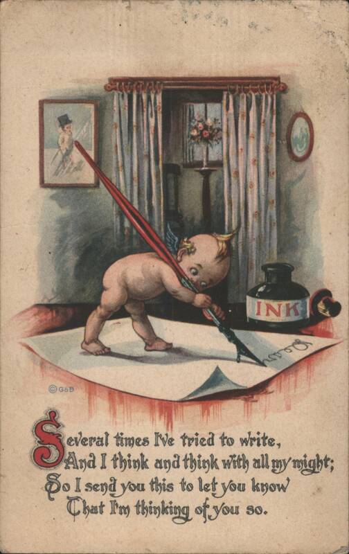 Cherub Writing Letter with Quill Pen, Thinking of You Poem