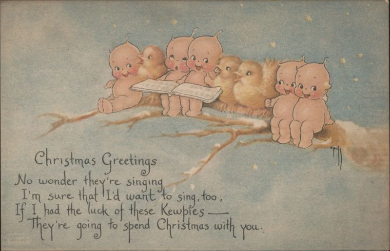 Kewpie Dolls & Chicks Singing Christmas Greetings on Snowy Branch