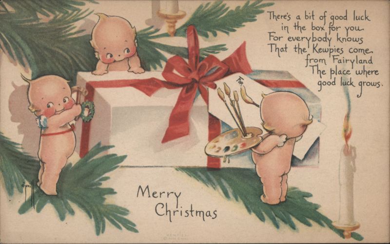 Kewpies with Christmas Present and Wreath, Good Luck Poem