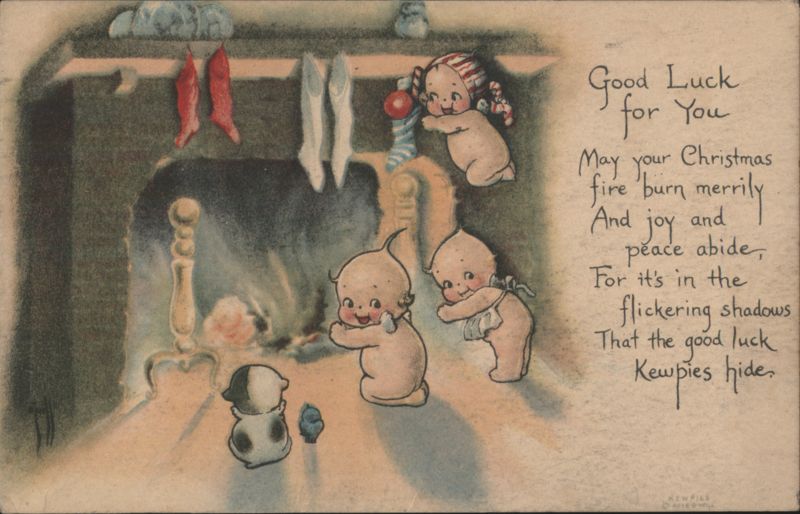 Kewpies by Christmas Fireplace with Stockings and Holiday Greeting