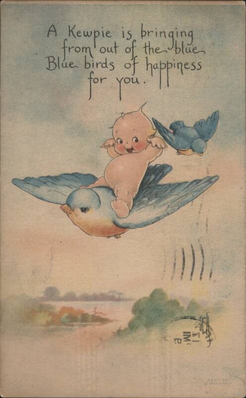 Kewpie Doll Riding Blue Bird of Happiness by Rose O'Neill