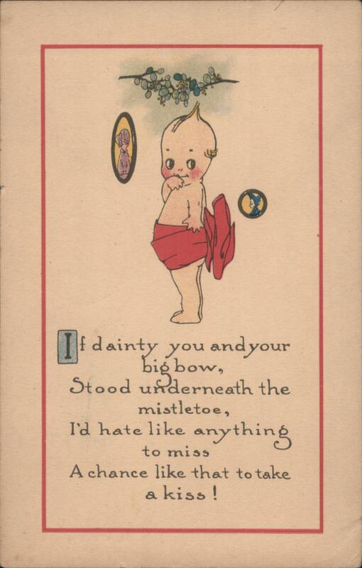 Kewpie Baby with Red Bow Under Mistletoe, Christmas Poem