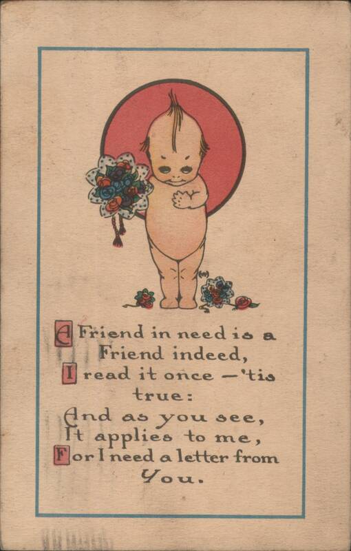 Kewpie-like Baby with Flowers and 'A Friend in Need' Poem