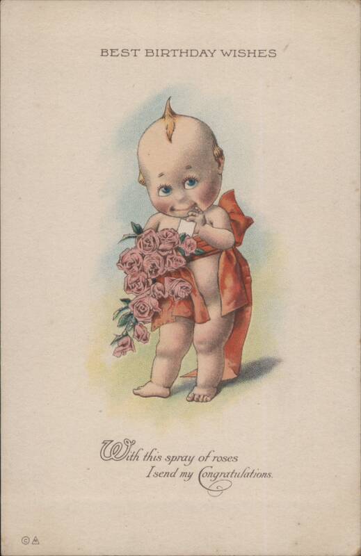 Cute Baby Kewpie with Pink Roses & Red Ribbon, Best Birthday Wishes