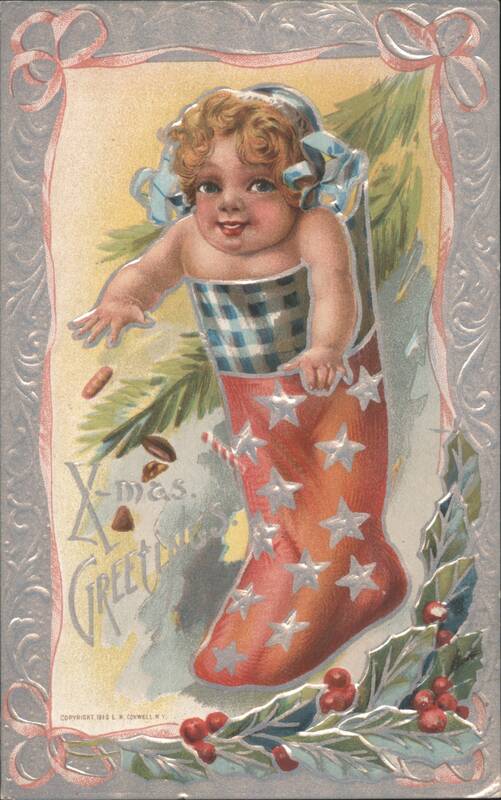 Baby in Christmas Stocking with X-mas Greetings Children