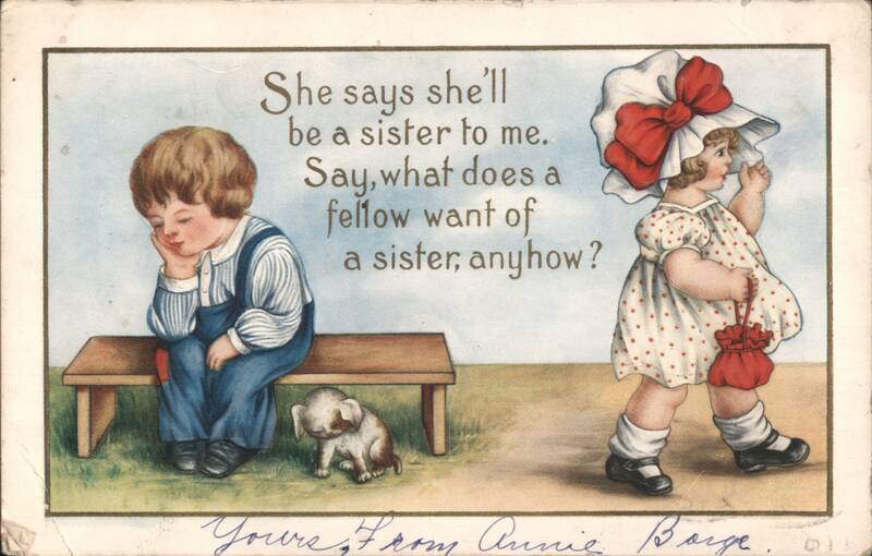 Boy and Girl with Dog, 'What does a fellow want of a sister?'