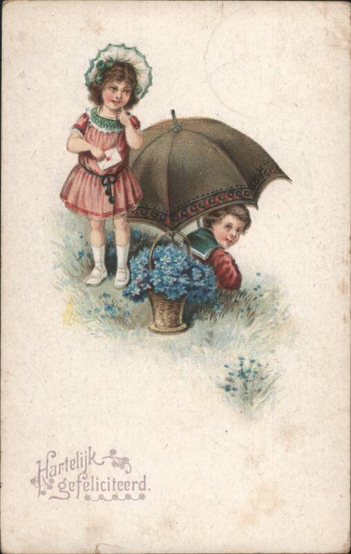 Children with Umbrella and Flowers, Hartelijk gefeliciteerd