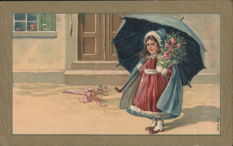 Girl with Umbrella, Roses, and Horseshoe for Good Luck