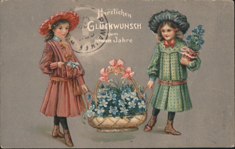 German New Year's Greeting with Girls in Hats and Basket of Flowers