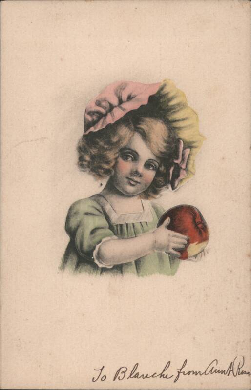 Young Girl in Hat Holding Apple, Christmas & New Year Greeting