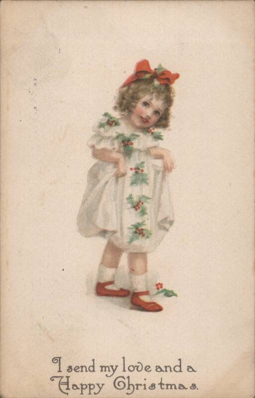 Little Girl in Holly Dress with Happy Christmas Greeting