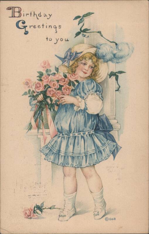 Birthday Greetings Girl with Pink Roses and Straw Hat