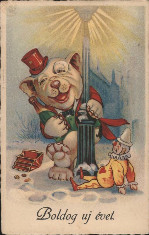 Cartoon Dog in Top Hat with Champagne & Clown, Happy New Year