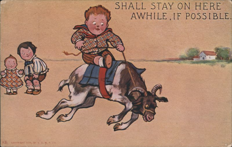 Boy Riding a Running Goat with Children Watching, 'Shall Stay on Here Awhile'