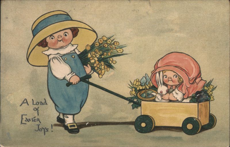 Girl Pulling Wagon with Baby, Bunny, and Flowers for Easter