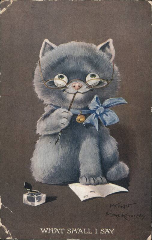 Fluffy Grey Cat in Glasses with Quill Pen, 'What Shall I Say'