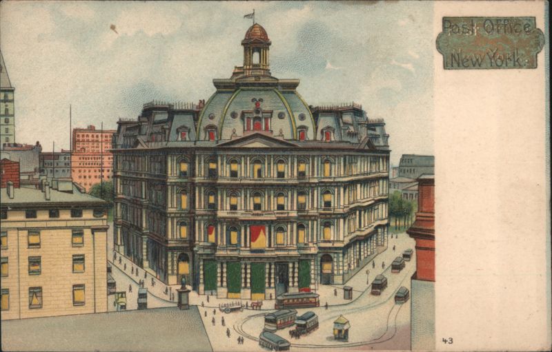 Old Post Office Building, New York City, with Streetcars and Carriages