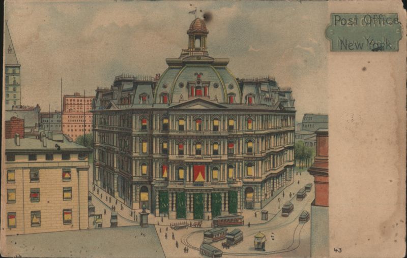 New York City Post Office, Ornate Building with Dome, Street Scene with Trolleys
