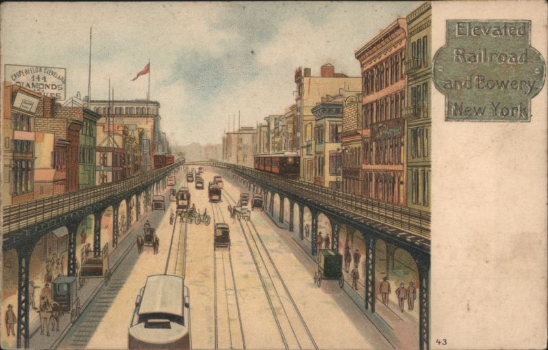 Elevated Railroad and Bowery, New York City Street Scene