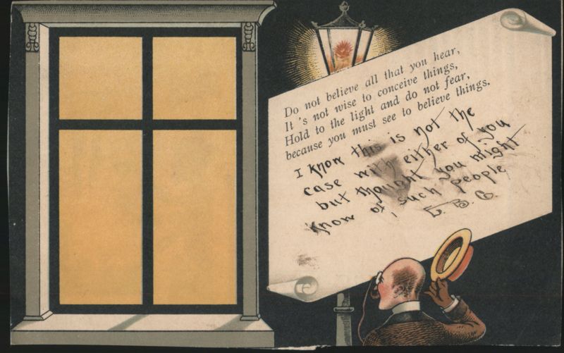 Man Reading Scroll by Window and Street Lamp, 'See to Believe