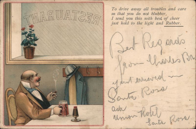 Man Smoking Cigar & Drinking Beer in Restaurant Hold To Light