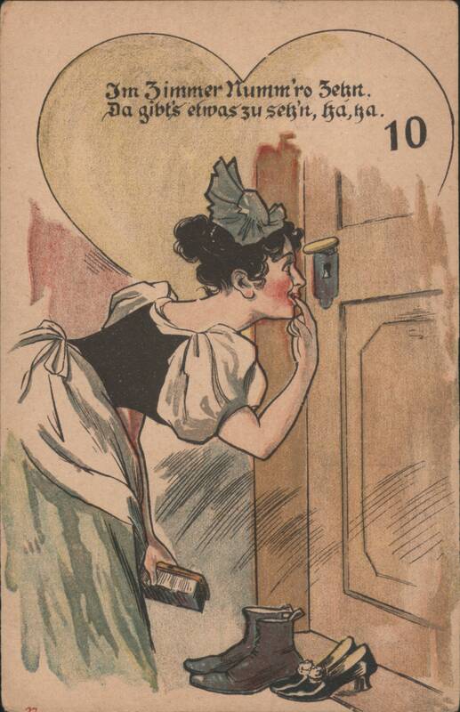Mischievous Woman Peeking Through Keyhole, Room 10, German Text