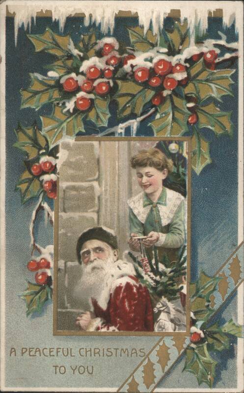 HTL Santa Claus & Girl Decorating Christmas Tree, Holly & Berries