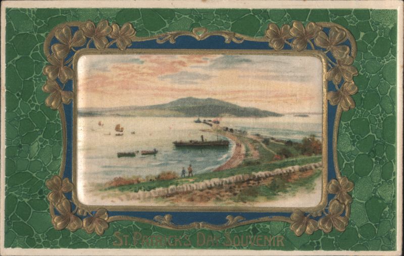 St. Patrick's Day Souvenir, Scenic Bay View with Boats & Shamrocks