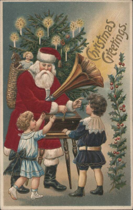 Silk Santa Claus with Children and Phonograph by Christmas Tree, Christmas Greetings
