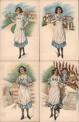 Set of 4: Art Deco Waitress Serving Coffee at Bagni Montecatini, Italy Postcard