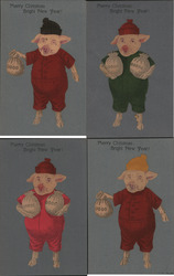 Set of 4 New Year's Pigs in Pajamas Holding Bags of Money Postcard