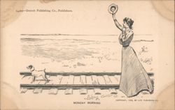 Monday Morning Woman Waving Hat with Dog on Railroad Tracks Postcard
